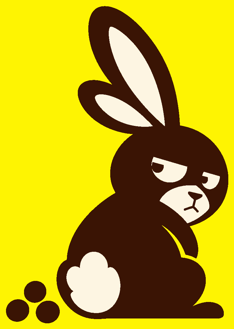 An unimpressed cartoon rabbit glancing back at three treat pellets