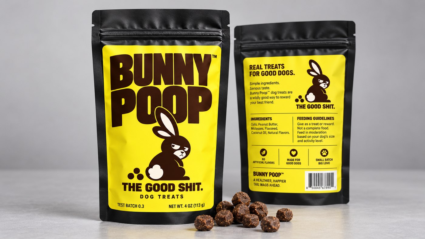 Prototype Bunny Poop™ packaging — front and back of a test-batch pouch, with loose treat pellets in front