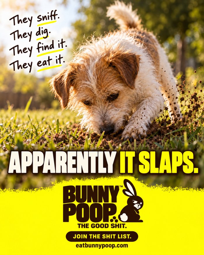 Bunny Poop campaign creative: a terrier mid-dig in the dirt