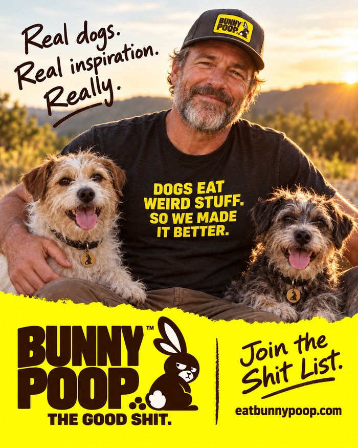 Bunny Poop campaign creative featuring an owner and his two dogs